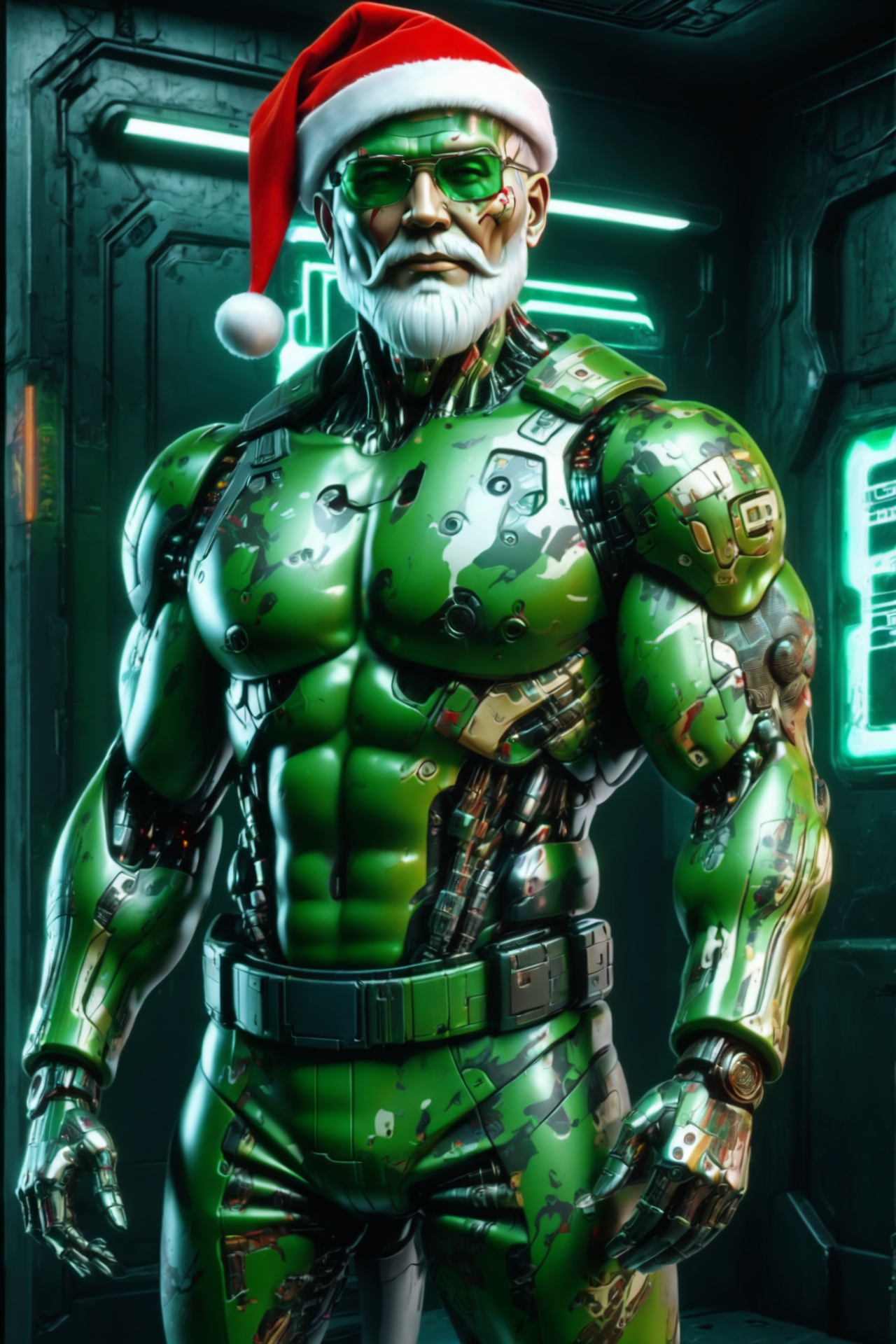 (cyberpunk background:1.4),cyborg santa claus wearing green clothing and green hat,  night, (upperbody:1.3) <lora:ral-camo:0.8> ral-camo <lora:just_another_Cyborg_LoRa_SDXL:0.7> (c1bo:1.2), (masterpiece:1.2), best quality, (hyperdetailed, highest detailed:1.2), high resolution textures