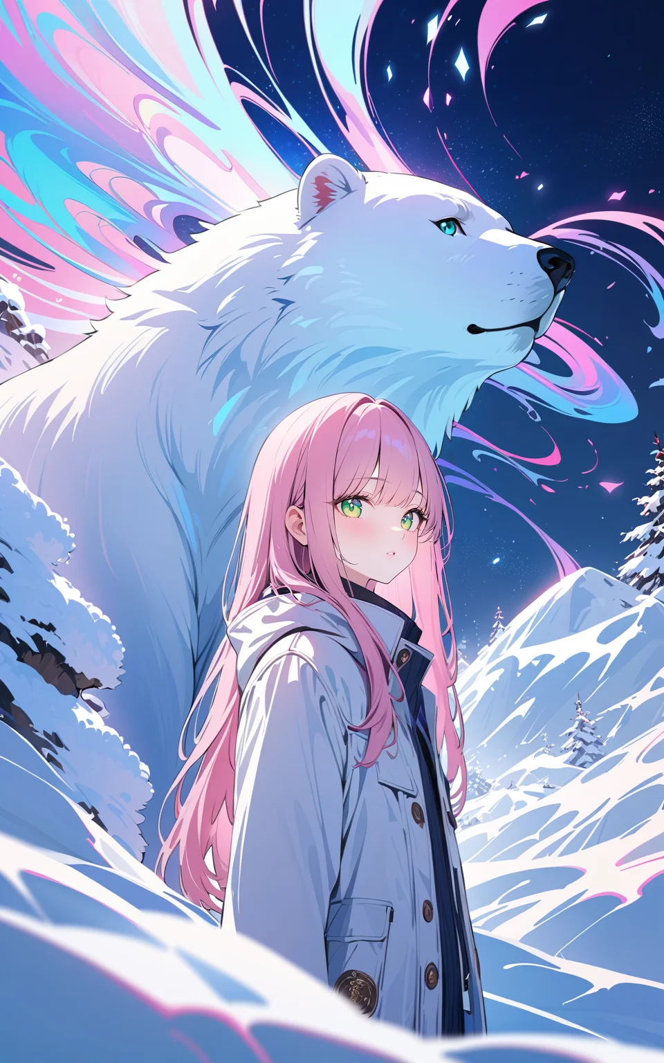 psychedelic style newest,(1 girl\((pink long straight hair),green eyes,winter coat\) with her polar bear),Arctic,(ice and snow-covered landscape),beautiful Arctic scenery,realistic,detailed,natural lighting,photorealistic,authentic,crisp details,breathtaking scenery,(masterpiece:2),best quality,ultra highres,original,extremely detailed,perfect lighting,Cinematic Lighting,highres,photo_(medium),<lora:detailed_notrigger:1>,. vibrant colors,swirling patterns,abstract forms,surreal,trippy,