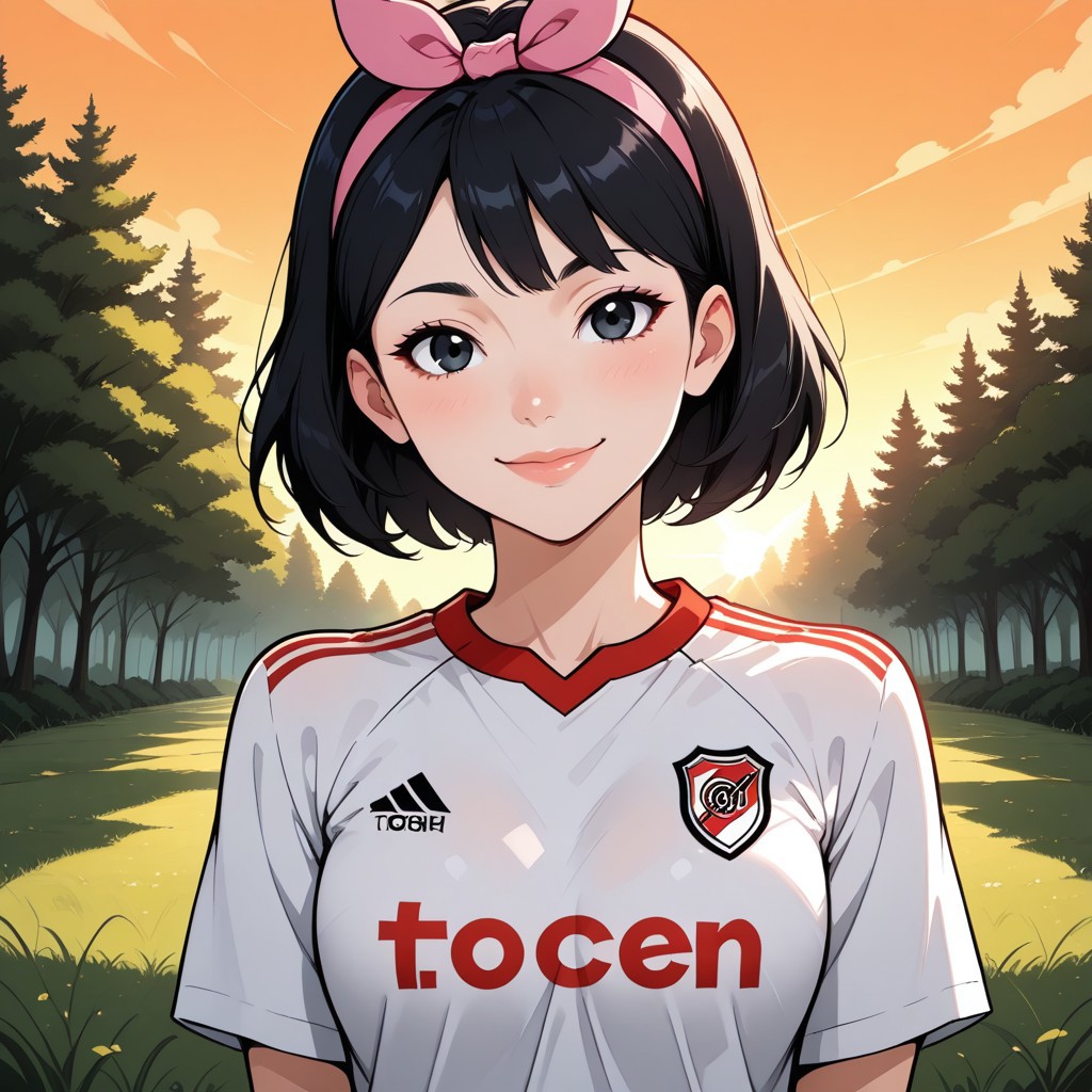 score_9, score_8, BREAK, solo, total drama, 1girl, short black hair, pink headband, pink head bow, black eyes, lips, RiverPlate, striped shirt, striped, shirt, white shirt, short sleeves, clothes writing, sportswear, soccer uniform, EllaTD, cute, sexy pose, self portrait, smile, looking at viewer, outdoors, sunlight, shadows, evening lighting, natural lighting, forest, trees, grass, orange sky, sunset