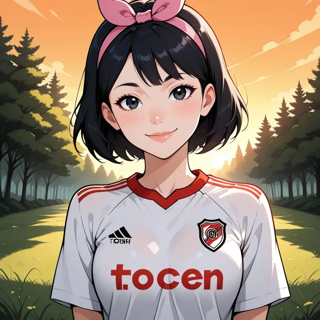 score_9, score_8, BREAK, solo, total drama, 1girl, short black hair, pink headband, pink head bow, black eyes, lips, RiverPlate, striped shirt, striped, shirt, white shirt, short sleeves, clothes writing, sportswear, soccer uniform, EllaTD, cute, sexy pose, self portrait, smile, looking at viewer, outdoors, sunlight, shadows, evening lighting, natural lighting, forest, trees, grass, orange sky, sunset