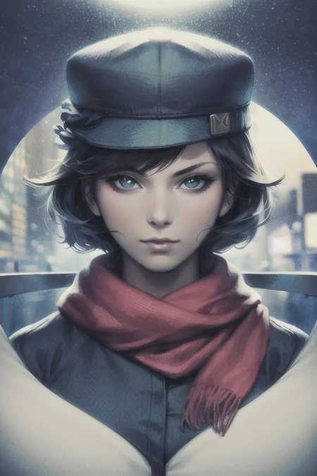 artgerm, 1girl, masterpiece, detailed, shirt, looking at viewer, hat, portrait, long scarf, solo, night, <lora:artgerm_v1:0.6>