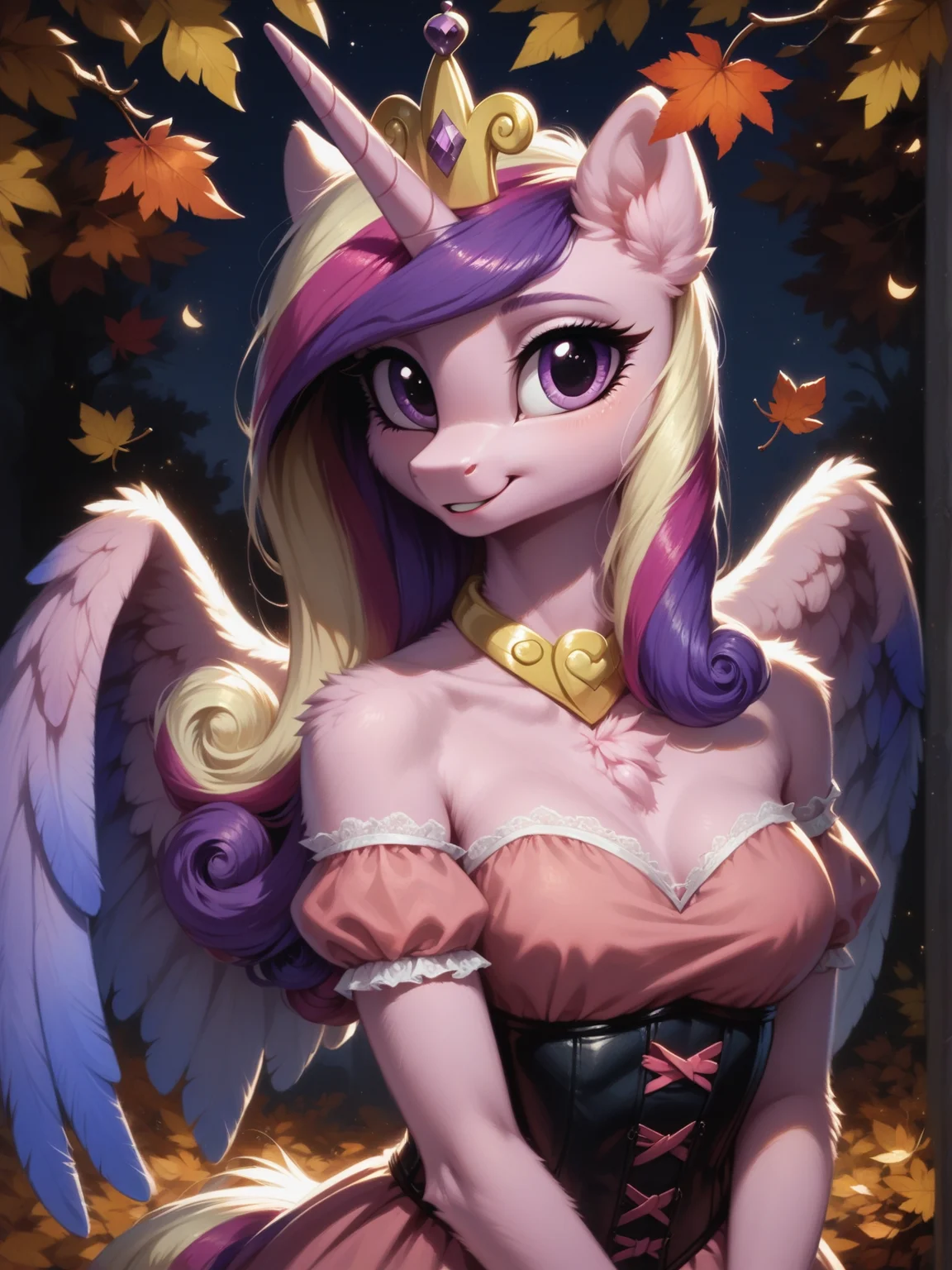 score_9, score_8_up, score_7_up, score_6_up, (realistic illustration:0.8), 1 girl, solo, (Princess Cadance:1.2) \(mlp\), (anthro pony:1.1), tail, medium breast, wings,
(portrait:1.2), victortian corset, detailed pink dress, autumn, leaffall,
outside, cute, (night:1.3), <lora:Anime Summer Days 2 Style SDXL_LoRA_Pony Diffusion V6 XL:0.5> <lora:Realistic000003_1_2.5DAnime_0.05_Merge1:0.5> <lora:MegaFluffyPony:0.5> MegaFluffyPony, furry, fluffy