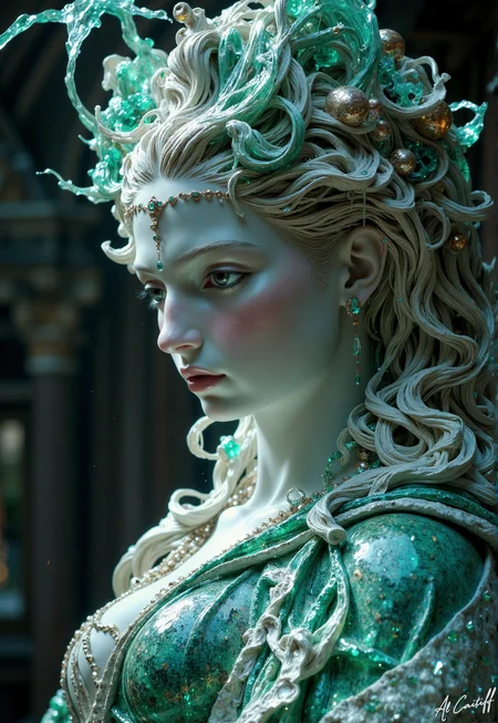 The 35mm fisheye lens contorts the world into reverent submission, bending the very air around the statue’s luminous form—its polished marble and crystal flesh gleaming under the sun light. Her emerald eyes burn with ancient knowing, their depths alive with secrets, her face whispers of forgotten royalty. The crystal robe drapes her upper body in frozen motion, each fold a masterpiece of light and shadow. The deep f/8 depth of field renders every intricate detail with sacred precision—the faint breeze teasing her hair the only hint that time hasn’t stopped entirely in her presence. This is no mere statue, but a silent sovereign of the unseen, her enigmatic gaze piercing the darkness, demanding reverence from the void.<lora:CustomFlux/MysticFantasy.safetensors:0.5000000000000001:0.5000000000000001> <lora:CustomFlux/MysticRealism.safetensors:0.7500000000000001:0.7500000000000001>