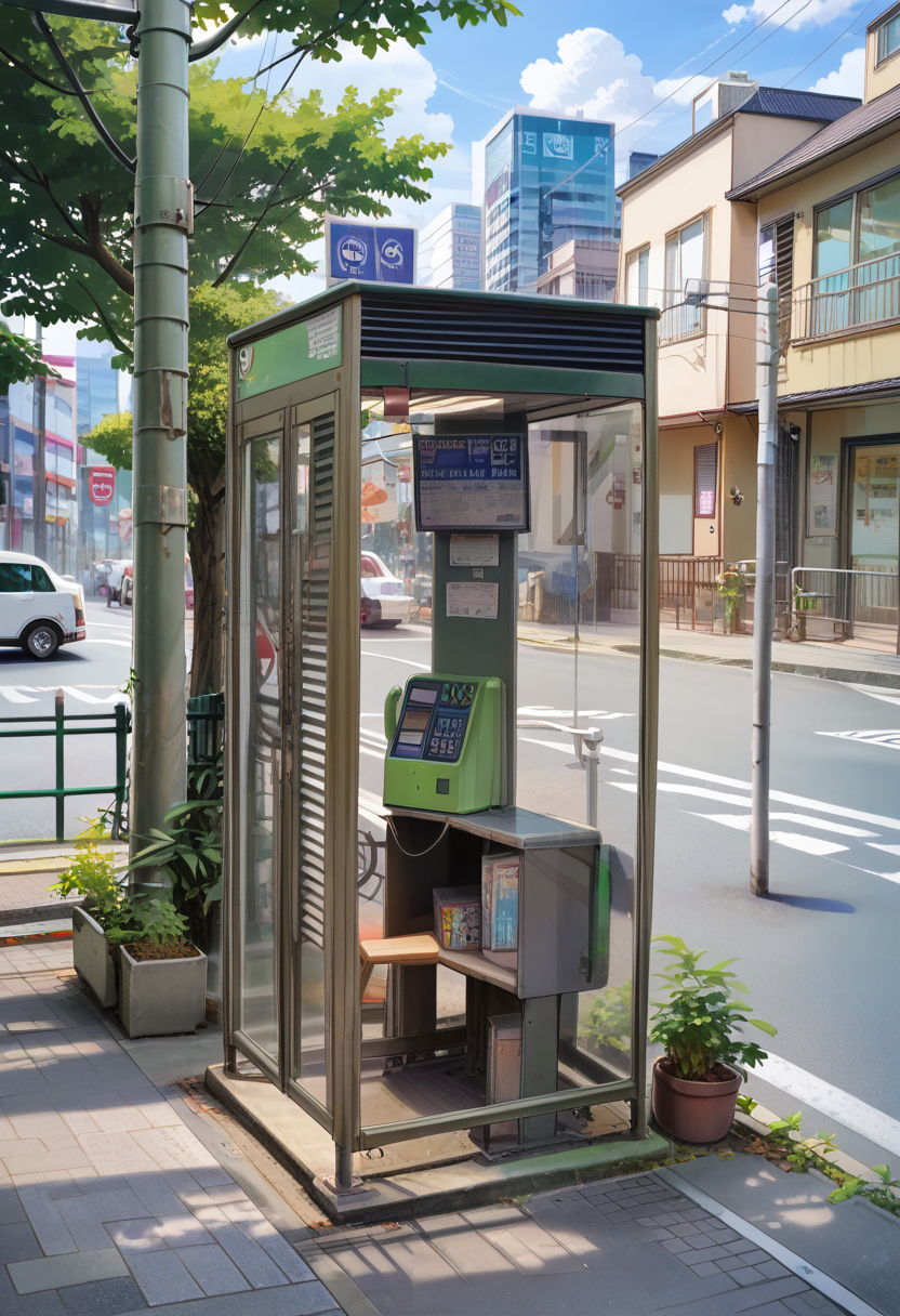 score_9, score_8_up, score_7_up, rating_safe, masterpiece, best quality, absurdres, unity 8k wallpaper, official art, official style, source_anime, uncensored, game cg, megami magazine,
payphone, telephone box, scenery, building, utility pole, street, road, lamppost, power lines, window, sign, road sign, tree, sky, cityscape, city, fence, house, day, outdoors, 
 <lora:DenwaBoxJP_PONY_V1:1>