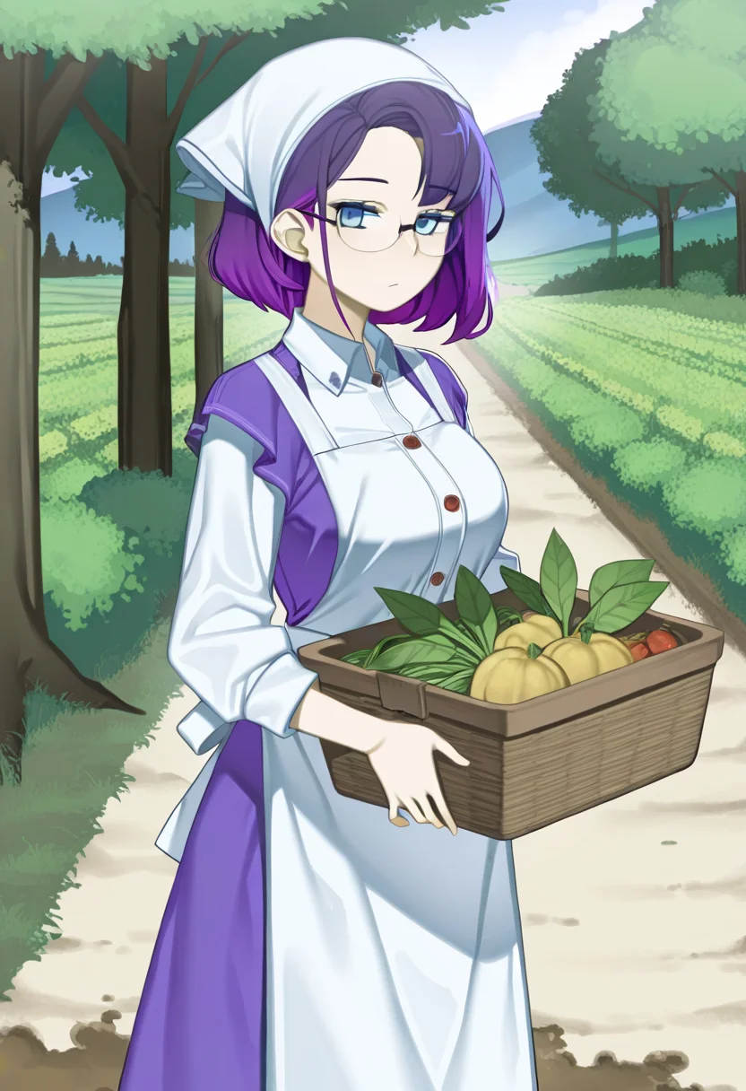 1girl, solo, keiryuu seo, purple hair, blue eyes, detailed eyes, gradient eyes, looking at viewer, glasses,
apron dress over collared blouse, decorative buttons, headscarf tied at back, cowboy shot, harvesting vegetables into basket, rustic farm garden, sunbeams through tree leaves, dirt path, peaceful countryside background,
<lora:Character_Keiryuu Seo:0.7> <lora:StS-Illustrious-Detail-Slider-v1.0:1>
