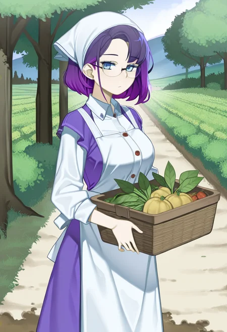 1girl, solo, keiryuu seo, purple hair, blue eyes, detailed eyes, gradient eyes, looking at viewer, glasses, 
apron dress over collared blouse, decorative buttons, headscarf tied at back, cowboy shot, harvesting vegetables into basket, rustic farm garden, sunbeams through tree leaves, dirt path, peaceful countryside background,
<lora:Character_Keiryuu Seo:0.7> <lora:StS-Illustrious-Detail-Slider-v1.0:1>