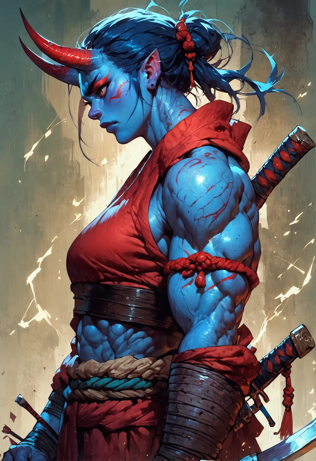 score_9, score_8_up, score_7_up, score_6_up, score_5_up, score_4_up,<lora:Fant5yP0ny:0.8>, 1girl, side view, horns, sword, solo, muscular female, oni, blue skin, muscular,