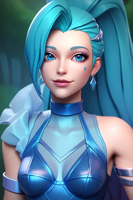 score_9, score_8_up, score_7_up, score_6_up, BREAK, SeraphineKDAAOXL, K/DA (league of legends), blue eyes, aqua hair, long hair, ponytail, bangs, medium breasts, single sleveless, blue dress, armlet, solo, front view, (portrait, upper body), solo focus, seductive smile, looking at viewer, forest, tree <lora:SeraphineKDAAOXL:0.8>