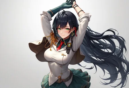 score_9, score_8_up, score_7_up, source_anime, good anatomy, 1girl, solo, LinToF, detailed face, beautiful face, dark green hair, long hair, green hair highlight, green eye, earing, red tie, red hair ribbon, green undershirt, white military unniform jacket, capelet, gold epaulette, asymmetrical green gloves, belt, straps, gold-trimmed green skirt, green skirt, miniskirt, white thighhighs, black high heels, leaping, arms over head, smiling, blushing