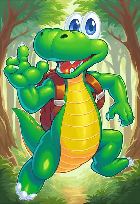 score 9, score 8, score 7, score 6, 1boy, solo, anthro, anthro crocodile, green skin, yellow belly, white claws, blue eyes, looking at viewer, ((one tooth, fang)), open mouth, tongue, backpack, backpack straps, dynamic, dynamic pose, full body, forest background, 2d,