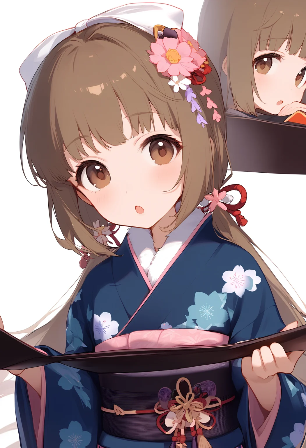 1girl,
yorita yoshino,
blush, solo, hands up, blue kimono, very long hair, bow, hair ornament, floral print, upper body, print kimono, japanese clothes, hair bow, fur collar, white flower, long hair, holding, low twintails, open mouth, wide sleeves, :o, white bow, simple background, pink flower, looking at viewer, white background, flower, twintails, long sleeves, hair flower, brown eyes, brown hair, kimono,
sfw
<lora:a31_char_new_yorita_yoshino-000016:1> <lora:a31_style_koni-000010:0.8>