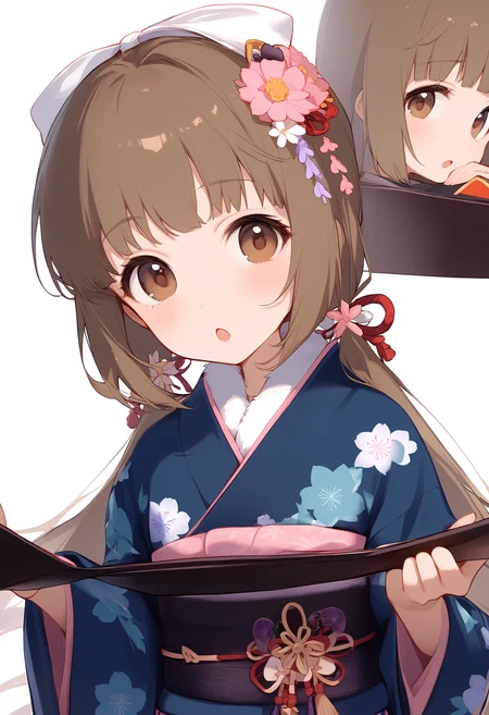 1girl,
yorita yoshino,
blush, solo, hands up, blue kimono, very long hair, bow, hair ornament, floral print, upper body, print kimono, japanese clothes, hair bow, fur collar, white flower, long hair, holding, low twintails, open mouth, wide sleeves, :o, white bow, simple background, pink flower, looking at viewer, white background, flower, twintails, long sleeves, hair flower, brown eyes, brown hair, kimono,
sfw
<lora:a31_char_new_yorita_yoshino-000016:1> <lora:a31_style_koni-000010:0.8>