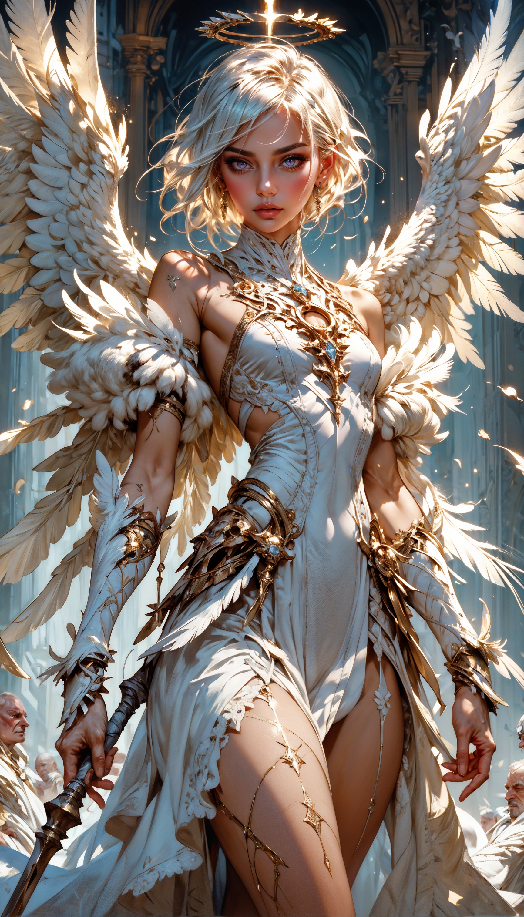 score_9, score_8_up, score_7_up,  monster girl, standing, angel girl, valkyrie, white feathers, 1girl, petite, delicate and smooth skin, blush, perfect body, thighs, highly detailed, glossy lips, feathered wings, white robe, holding a spear,  <lora:Expressive_H-000001:0.8>, expressiveH        <lora:Fant5yP0ny:0.9> <lora:Pony_DetailV1.0:0.9>