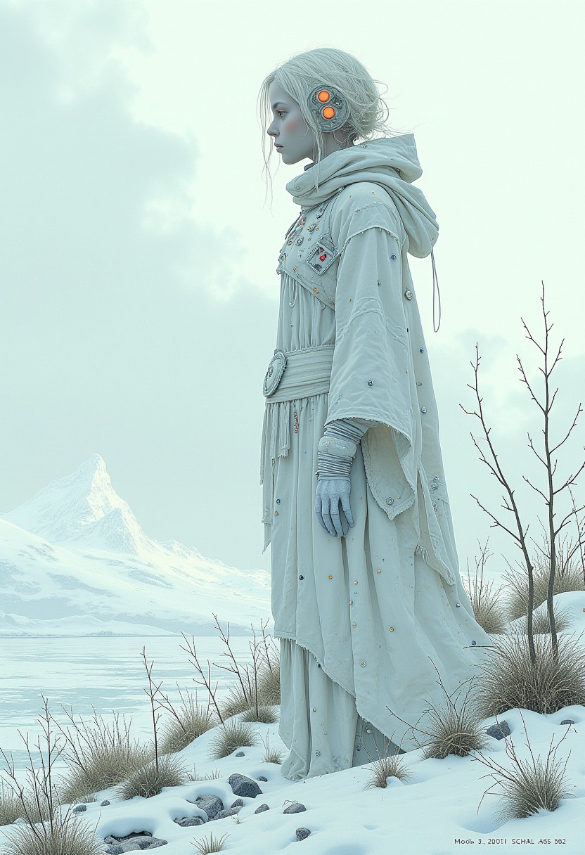A pale woman against a pale landscape, cyberpunk and Inuit tribal elements, futuristic, mesmerising, surreal, plants