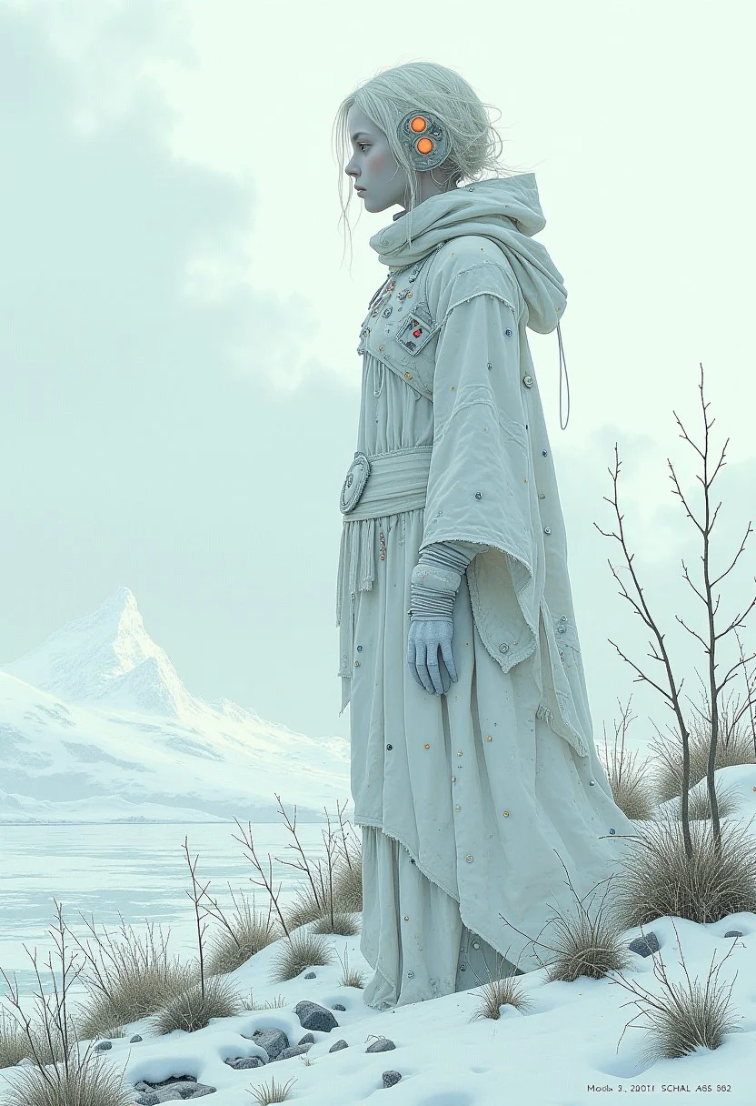 A pale woman against a pale landscape, cyberpunk and Inuit tribal elements, futuristic, mesmerising, surreal, plants