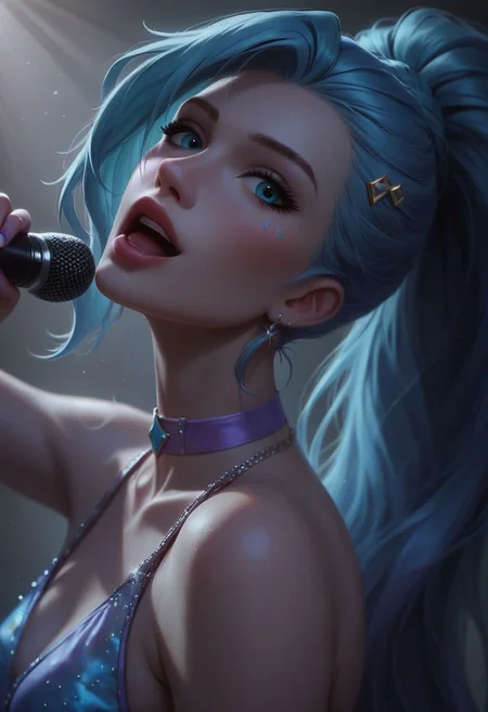 score_9, score_8_up, score_7_up, KDA Seraphine from League of Legends, KDA Seraphine outfit, (singing on stage:1.2), holding a microphone, (voluminous long ponytail:1.2), very long hair, indigo hair color, perfect face, adorable, posing, dynamic sexy pose, detailed eyes, detailed face, eye contact, looking at viewer, seductive, flirting, teasing, lifelike art, close up view, dramatic lighting, cute girl, detailed setting, detailed background, (on stage:1.1)