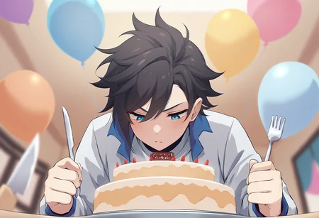 masterpiece, best quality,,detailed_background,indoors,happy birthday,shirt,looking down,solo,crown,food,knife,blue lock,white jacket,hands up,blush,jacket,long hair,highres,chibi,blue eyes,closed mouth,cake,serious,black hair,fork,messy hair,open mouth,balloon,heart \(symbol\),1boy,kiyora jin,white shirt