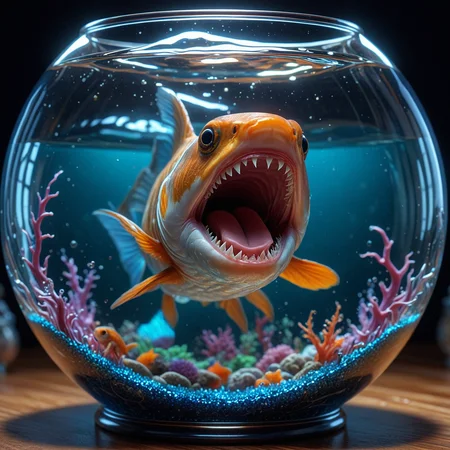 A beautiful [shark|goldfish|clownfish] inside fishbowl, open mouth, sharp-teeth, dorsal-fin hypermaximalist, alluring, cinemascope, dynamic lighting behance, subpixel reticulation, chroma-key, grandiose, hypermaximalism. <lora:detailed_notrigger:0.876> <lora:DetailedEyes_V3:0.765> <lora:luxart:0.654>