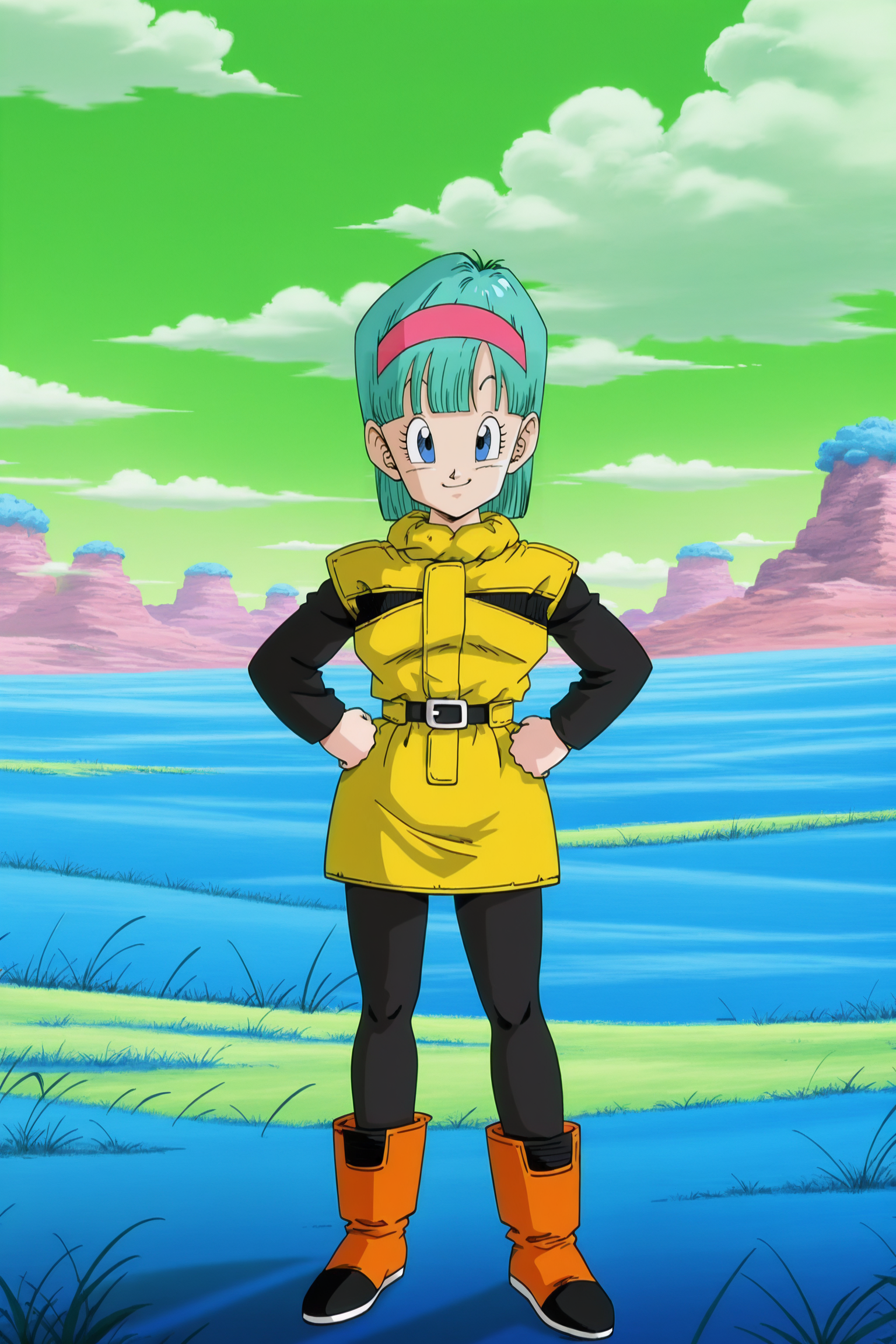 anime screencap, absurdres, high quality,
bulma, dbz, namek outfit, namek saga, official style, planet namek, 1girl, solo, smile, short hair, blue eyes, standing, full body, pantyhose, pink hairband, outdoors, green sky, day, belt, cloud, aqua hair, blue grass, mountain, ankle boots, black legwear, black undershirt, eyelashes, bangs, looking at viewer, blue grass, green sky, miniskirt, hands on hips, clenched hands, orange footwear, raised eyebrows, long sleeves, shoulder pads, sleeveless jacket, two tone footwear, two tone jacket, yellow jacket, yellow skirt, alien buildings
 <lora:Bulma_IL:0.8>