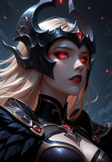 cvSyndra, dark gothic sorceress,
elegant black and violet armor, intricate feathered pauldrons, ornate corset with glowing violet accents, high collar, dark regal headdress with red gem in the middle, red orbs, high fantasy, closeup, dynamic pose, red eyes, glowing eyes, light blonde hair, portrait, monochromatic color, black, ethereal woman in soft light, shadow crawling behind her expression, neutral, looking at viewer, dream or illusion, palette porcelain skin, style surreal, cinematic, angle half-lit portrait, profile,