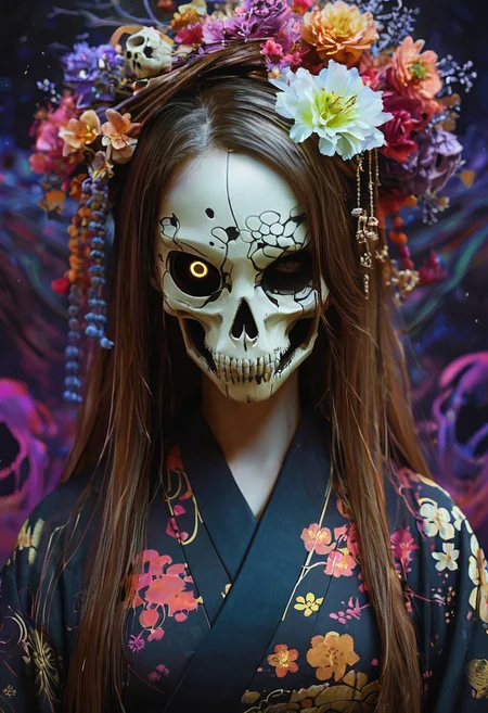 1girl, solo, long hair, looking at viewer, brown hair, brown eyes, yellow eyes, upper body, flower, japanese clothes, kimono, mask, floral print, one eye covered, black kimono, (skull mask),
rim light, surreal, vibrant, .score_9, score_8_up, score_7_up,