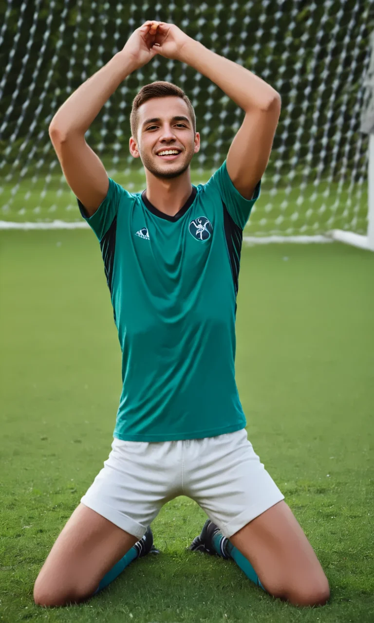 knwlu_high, side view , Happy male Soccer player in shorts and shirt kneeling on the soccer field in front of goal. both arms up.
<lora:KneelWithArmUp-000008:1>