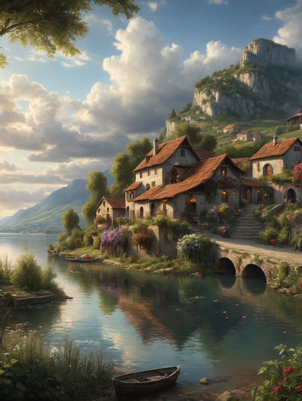 Hyperrealistic art oil painting, A picturesque village on the shores of a tranquil lake, 34K uhd, masterpiece, high detail, 8k, intricate, detailed, high resolution, high res, high quality, <lora:add-detail-xl:1.8>, highly detailed, Extremely high-resolution details, fine texture, . Extremely high-resolution details, photographic, realism pushed to extreme, fine texture, incredibly lifelike very detailed face, ray tracing bloom refraction volumetric lighting award-winning wallpaper cinematic masterpiece 8k 4k insane quality ultra high resolution intricate detail hyperrealistic beautiful gorgeous HDR Cinestill Canon 5D