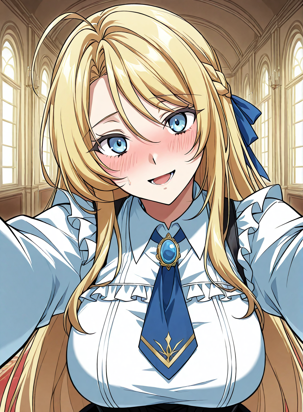 <lora:Kiri_Frodmain Illustrious:1>
1 girl, solo, blue eyes, blonde hair, long hair, loose hair, french braid, bangs, large breasts
black skirt, white shirt, ahoge, blue ribbon, long sleeves, hair ribbon, brooch, jewelry, corset, high-waist skirt, blue necktie, collared shirt, frills
score_9, score_8_up, score_7_up, score_6_up, source_anime, rating_explicit, 1girl, solo, smile, embarrassed, alcalose eyes, open mouth, mansion, indoors, looking at viewer, outstretched arms, pov, close-up, (head tilt:1.2)