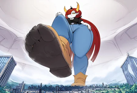 score_9, 1girl, solo,hekapoo, white skin, red hair, very long hair, hair over one eye, horns, tiara, small fire, pointy ears, black shirt, short sleeves, cleavage, jeans, belt, boots, full body, (high quality, high res, 4k, best anatomy:1.8), giantess, standing, facing viewer, under foot pov, hyper hips, leg up, foot focus, from below, city underneath, indoors background.