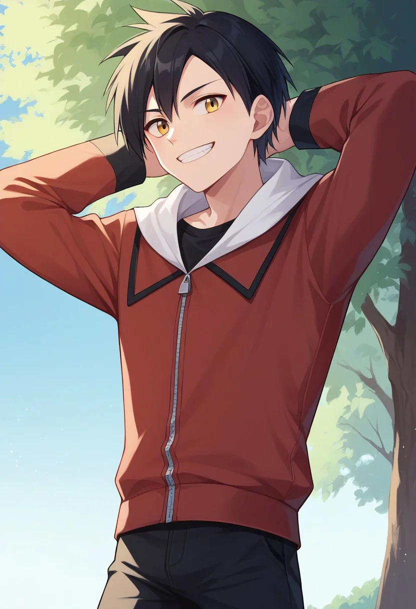 score_9, score_8_up, score_7_up, source_anime, highly detailed,
pokegold, 1boy, male focus, solo, jacket, pants, black hair, closed mouth, long sleeves, red jacket, hood, white hood, short hair, zipper pull tab, bangs, standing, yellow eyes, t-shirt, black pants, black t-shirt, smile, grin, hands behind head,
outdoor, tree, sky,