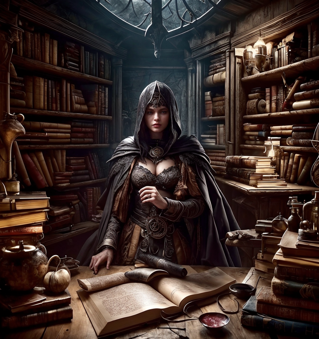 RAW photo, (masterpiece:1.3), subsurface scattering, heavy shadow, (high quality:1.4), (intricate, high detail:1.2), professional photography, HDR, High Dynamic Range, realistic, ultra realistic, photorealistic, high resolution, film photography, ambient lighting, atmospheric effects, <lora:detail_slider_v4:2>, OverallDetail, an evil sorceress in her dark and sinister study, books, shelves, desk, chest, darkness, FanStu, <lora:FantasyStudy-10:1>, epiCPhoto