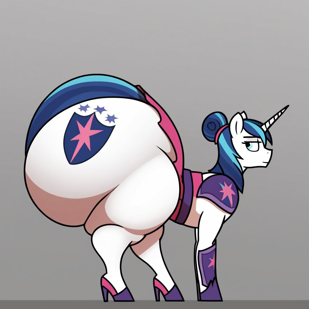 Bottom Armor, Shining Armor, standing, hooves, bun, huge butt, bent over, presenting butt, skirt, high heels,((hyper ass,ass_visible_from_Side)), From Side View, huge ass, large ass, large hips,full body, side view,side butt, looking at viewer,solo, slim waist, tiny waist,view from side,ass bigger than body,butt crack,ass bigger than head,ass visible from the side,butt_crack_outline,