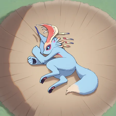 <lora:Elfilis:0.8> Fecto Elfilis, blue fur, multicolored eyes, head wings, colored sclera, fluffy tail
 <lora:meme_yamchapose_ponyXL:0.8> yamchapose, lying, on side, closed eyes