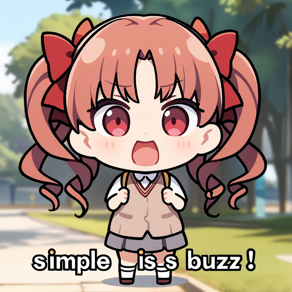 1girl, shirai kuroko, tokiwadai school uniform, 
solo, cute, chibi, 
outdoors,
(english text, "Simple is Buzz"),
best quality,