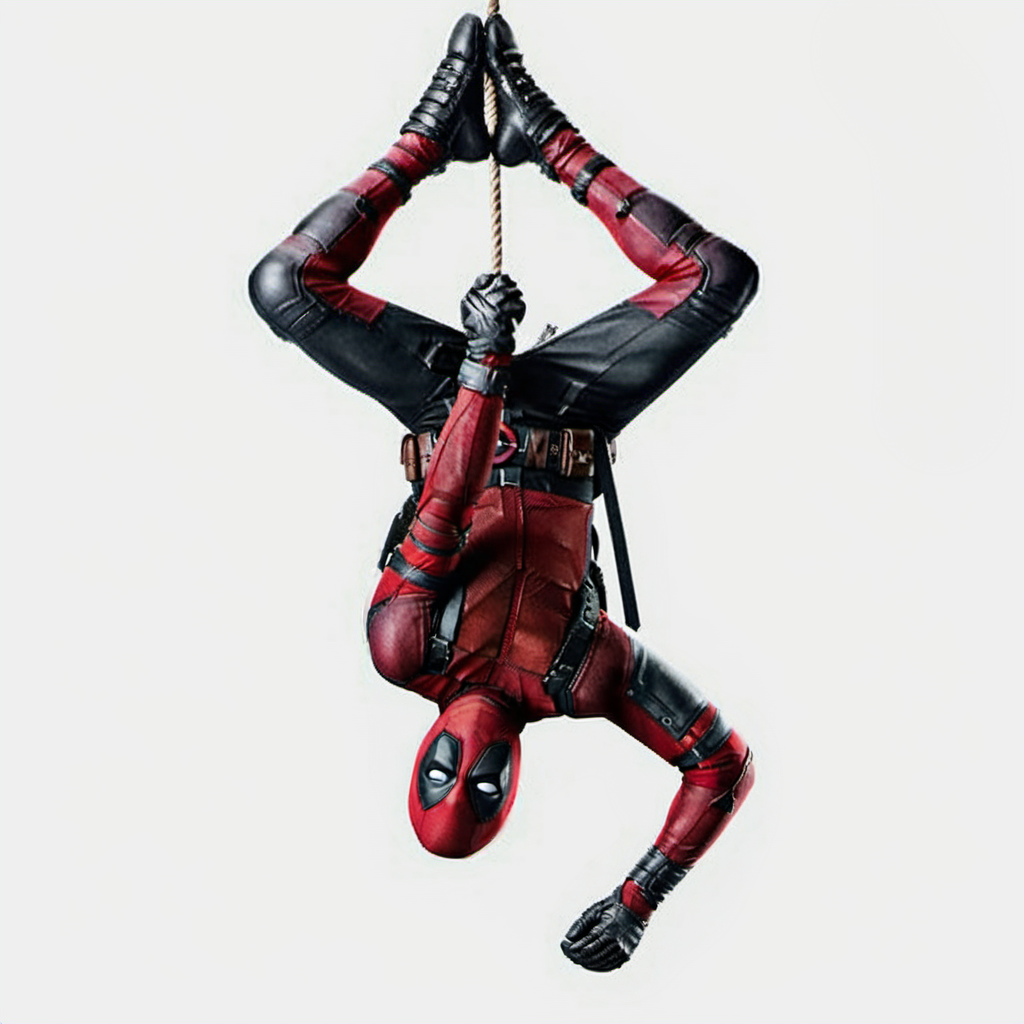 a man i is suspended upside down on a rope with his hands in the air and his legs in the air,  cinematic photo, Deadpool1024, . 35mm photograph, film, bokeh, professional, 4k, highly detailed <lora:Deadpool1024-000280:0.9>