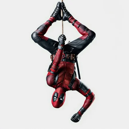 a man i is suspended upside down on a rope with his hands in the air and his legs in the air, cinematic photo, Deadpool1024, . 35mm photograph, film, bokeh, professional, 4k, highly detailed <lora:Deadpool1024-000280:0.9>