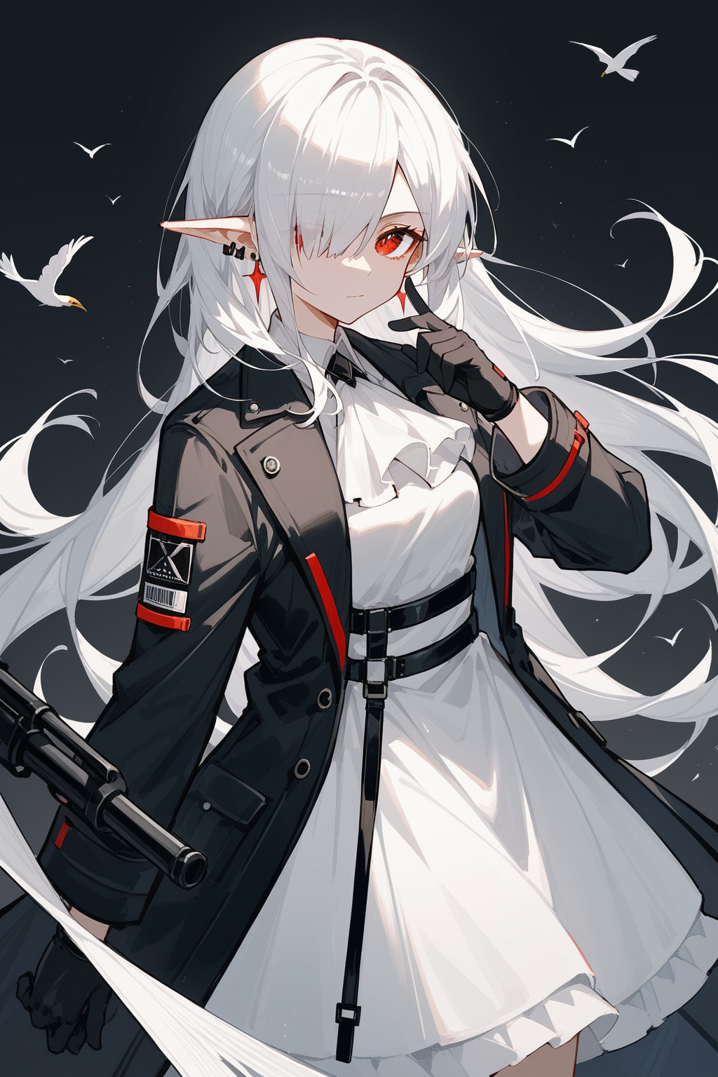 (score_9,score_8_up,score_7_up),<lora:Gladiia(Arknights)-v1-000008:0.2>,Gladiia(Arknights),1girl,red eyes,long hair,white ascot,weapon,solo,hair over one eye,pointy ears,white hair,ascot,earrings,jewelry,long sleeves,looking at viewer,dress,holding,black gloves,white dress,coat,official alternate costume,grey background,gloves,bangs,one eye covered,closed mouth,cowboy shot,black coat,shirt,bird,black background,
good feet,anime,NSFW,expressive,amazing quality,ultra hd 32k,