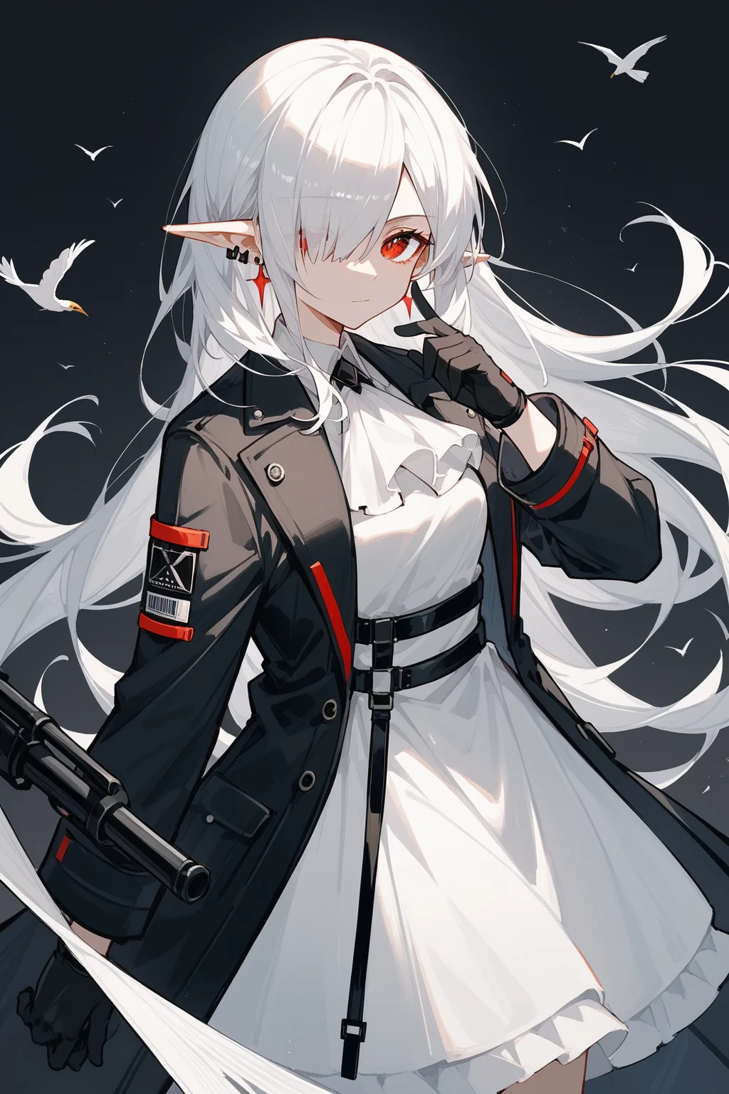 (score_9,score_8_up,score_7_up),<lora:Gladiia(Arknights)-v1-000008:0.2>,Gladiia(Arknights),1girl,red eyes,long hair,white ascot,weapon,solo,hair over one eye,pointy ears,white hair,ascot,earrings,jewelry,long sleeves,looking at viewer,dress,holding,black gloves,white dress,coat,official alternate costume,grey background,gloves,bangs,one eye covered,closed mouth,cowboy shot,black coat,shirt,bird,black background,
good feet,anime,NSFW,expressive,amazing quality,ultra hd 32k,