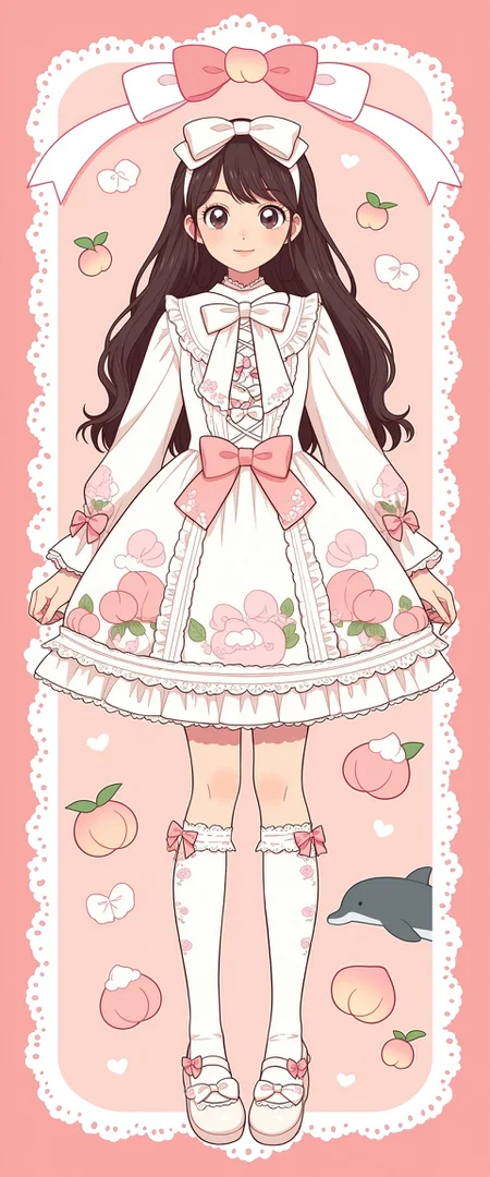 ((fullbody)), 1girl, lolita_fashion, (hyperdetailed clothing and fashion), detailed dress, peach ornate ribbon print dress, print dress, bow ribbon print, peach bow ribbon print, ruffles, frills, peach bow, white ribbon, peach and white lolita_headband, cream bowtie, peach pink and white ribbon-trimmed ribbon print kneehighs socks, mary janes shoes, (pastel peach and cream background, bow theme, dolphins, white lace-trimmed frame) , <lora:19a618b0-9c60-490e-984c-201466b5ed8f:0.7>, <lora:d10e6385-a080-4735-a8cf-9b683731baca:0.7>, <lora:8f398b58-2a62-47d0-8ddf-536c77de0d9c:0.6>, <lora:7fa89c10-5601-4ced-9e6d-e50019f5aa4b:0.5>, <lora:ab19ebf7-99b5-4dc4-8f50-e9330005ed10:0.4>, <lora:e485f886-377e-4727-92e3-947262a0784f:0.3>, <lora:ec98a5c1-8fae-42a7-ade0-cd20988d5e84:0.3>, <lora:more_details:0.7>, , , , , , , ,