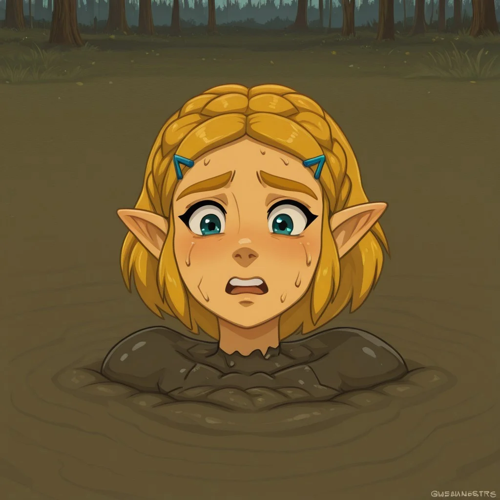 masterpiece, best quality, zelda1x, tunicleggings, thigh-deep, forest clearing, trapped in a bottomless swamp, scared
