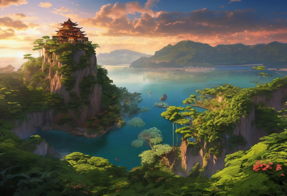 ( dramatic photo), extreme-detailed, detailed pixel-art style , illuminated field, (super detailed) , masterpiece, 8k, (masterpiece), <lora:detailed_notrigger:1>, film, Ultra High Resolution,  (highly detailed), Imagine a colossal island, suspended effortlessly in the sky, with majestic waterfalls cascading from its lush, verdant cliffs and disappearing into the clouds below. Ancient trees with sprawling branches reach upwards towards an eternal sunset, their leaves shimmering in hues of gold and emerald.
The atmosphere is filled with ethereal creatures, like iridescent birds and translucent dragons, gracefully gliding through the air. Mystic plants and flowers, glowing with an otherworldly luminescence, adorn the landscape. 
A deep chasm divides the island, with a rickety rope bridge stretching across, swaying gently in the soft, warm breeze. The bridge connects two realms of the island: one side is bathed in eternal daylight, vibrant and flourishing with life, while the other is cloaked in perpetual twilight, mysterious and serene, with twinkling stars casting a gentle glow.
At the heart of the island lies a sacred, ancient temple, surrounded by a serene lake with waters so clear that the shimmering fish swimming beneath appear to be floating in mid-air. This mystical island, with its dramatic contrasts and enchanting beauty, exudes a sense of wonder, awe, and timeless magic.