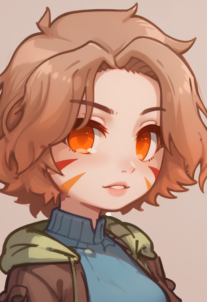 score_9, score_8_up, score_8,  S6ARAGWOFFRGRD, brown hair, short hair, orange eyes, (facial mark:0.5)