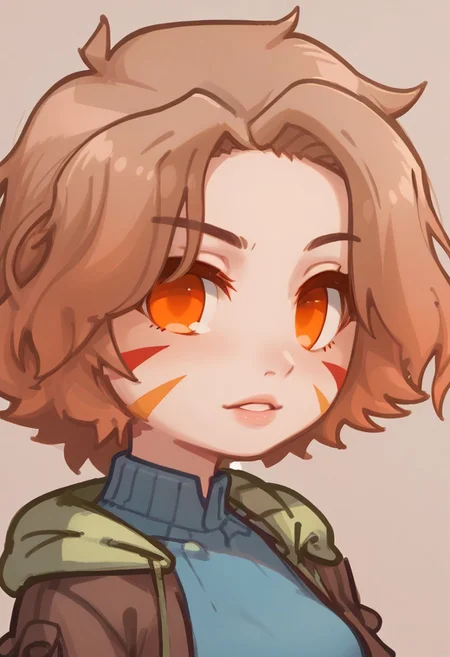 score_9, score_8_up, score_8, S6ARAGWOFFRGRD, brown hair, short hair, orange eyes, (facial mark:0.5)