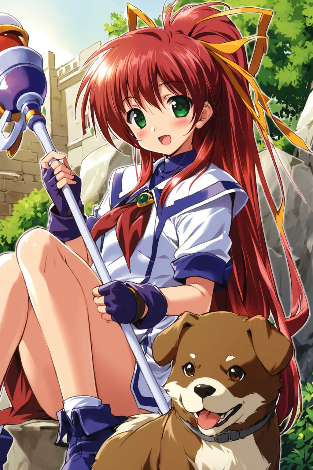 1girl,green eyes,gloves,long hair,fingerless gloves,solo,sitting,ribbon,ponytail,staff,red hair,open mouth,dog,blush,hair ribbon,smile,brown hair,<lora:Komatsu Eiji_XL:0.8>,