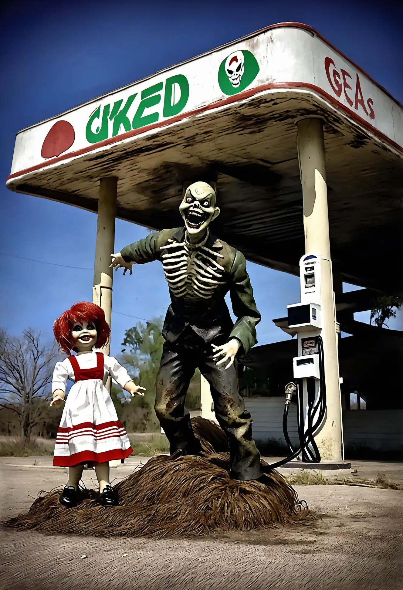 pulp horror, scary, hand reaching out of the Ground,wicked grin,dilapidated gas station,creepy doll<lora:EnvyPulpHorrorXL01:1:1:lbw=ALL>