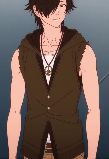 ((masterpiece)), ((best quality)), ((ultra-detailed)), ((absurdres)), score_9_up, score_8_up, score_7_up,
HD, top quality, best quality, amazing quality, High-quality illustrations, anime screencap, source_anime, best aesthetic, perfect proportions, perfect eyes, 1boy, 1male, solo boy, solo male, male focus, solo male focus, Anime, boy, male anime character, anime boy, handsome, sexy, cute, charming, ((tall body, tall height)), ((lean body, slim body, toned body)), Koyomi Araragi, black hair, hair over one eye, ahoge, red eyes, necklace, brown hoodie, sleeveless, belt, light brown pants, ((cowboy shot, head to hips shot)), ((smile, closed mouth smile, happy)), easynegative, updn, Expressiveh, masterpiece, best quality, very aesthetic, absurdres