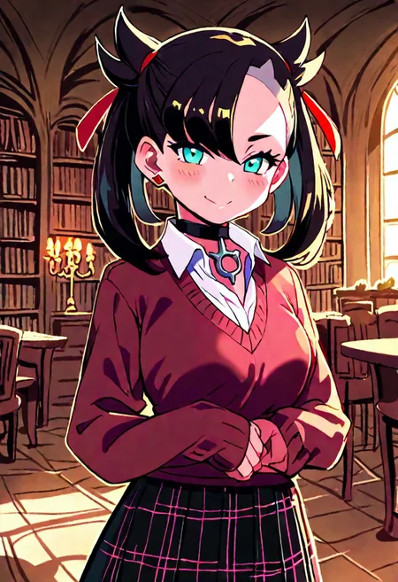 digital art, upper body shot, realistic 3D illustration, Dark Academia,, indoors, dark theme, tree, no humans, window, chair, table, plant, library, red carpet, candlestand, chandelier, books, dim lighting,
BREAK,
zzMarnie, aqua eyes, black choker,
BREAK,
closed mouth, alternate costume, smile, looking at viewer, collared shirt, blush, sweater, black skirt, eyelashes, long sleeves, sleeves past wrists, plaid skirt, blurry, tile floor, pleated skirt, white shirt, cowboy shot,
BREAK,
subsurface scattering, soft lighting, contemplative expression, dark background, subtle makeup, high-resolution, detailed texture, emotional depth, dramatic mood, side profile, serene atmosphere, cinematic lighting. perfectly round breasts, medium breasts, firm breasts, eye contact