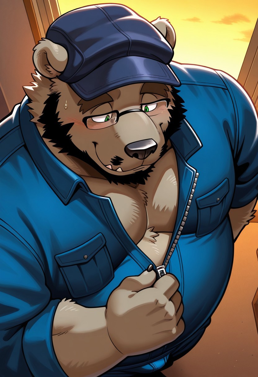 solo, detail background, 1boy, male, anthro, bear, brown fur, short ears, round ears, short tail, plump, overweight, black nose, black beard around chin, short black mustache, thick dark brown eyebrows, black claws, green eyes, black glasses, dark blue hat, dark blue coveralls, looking down, seductive, close-up focus, high angle, dynamic angle, half eyes closed, lowering unzipping, evening, soft lighting, lowering the zipper, apartment, indoors, shirtless, hand pulling zipper, from above