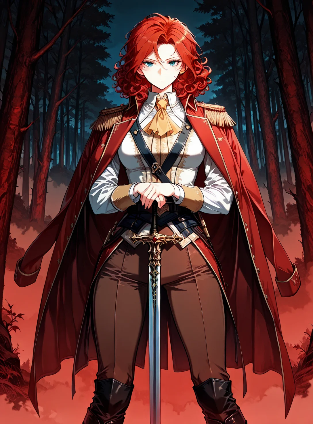 <lora:Alicia_Termina_Magentano__The_Greatest_Estate_Designer:1>
1 girl, solo, red hair, blue eyes, medium hair, curly hair,
red jacket, jacket on shoulders, yellow ascot, epaulettes, high colar, brown pants, white shirt, long sleeves, black boots, knee boots
masterpiece, best quality,high quality, newest, highres,8K,HDR,absurdres, score_9, score_8_up, score_7_up, very aesthetic, source_anime, detailed, high quality, beautiful, masterpiece, detailed eyes, hands on hilt, looking at viewer, cowboy shot, legs apart, outdoors, night, red theme, fog, forest <lora:iLLMythG0thicL1nes:1> , <lora:Eyes_High_Definition:1>