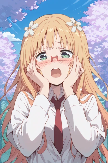 score_9, score_8_up, score_7_up, score_6_up,
<lora:Mitsuki_Sonoda:1> mitsuki, 1girl, solo, glasses, blush, necktie, flower, hair ornament, long hair, hair flower, open mouth, hands on own face, school uniform,